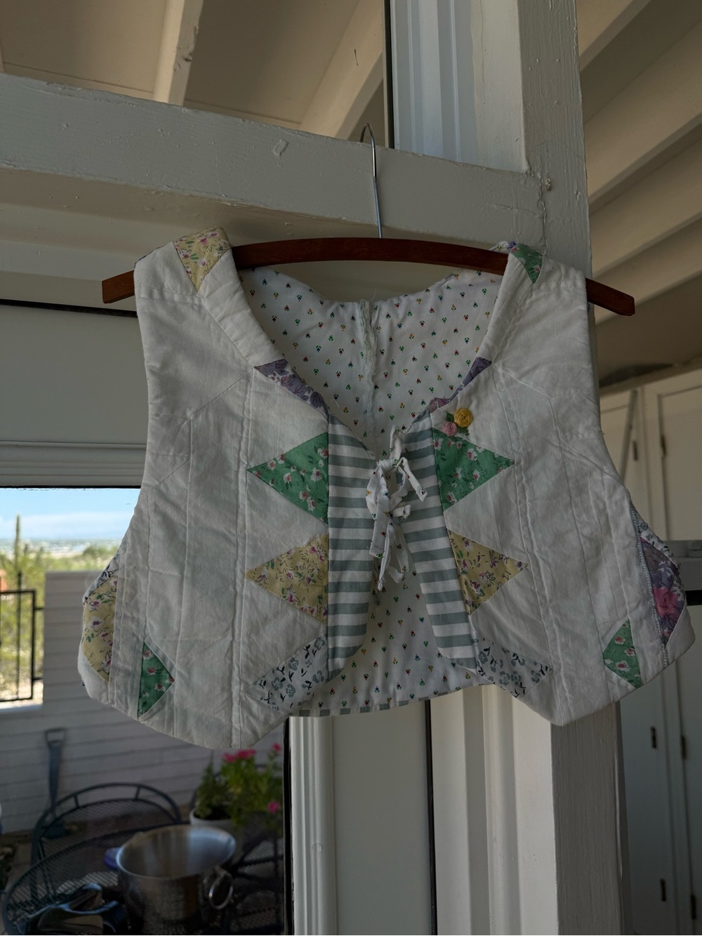 Handmade White Patchwork Quilted Vest with Pastel Accents